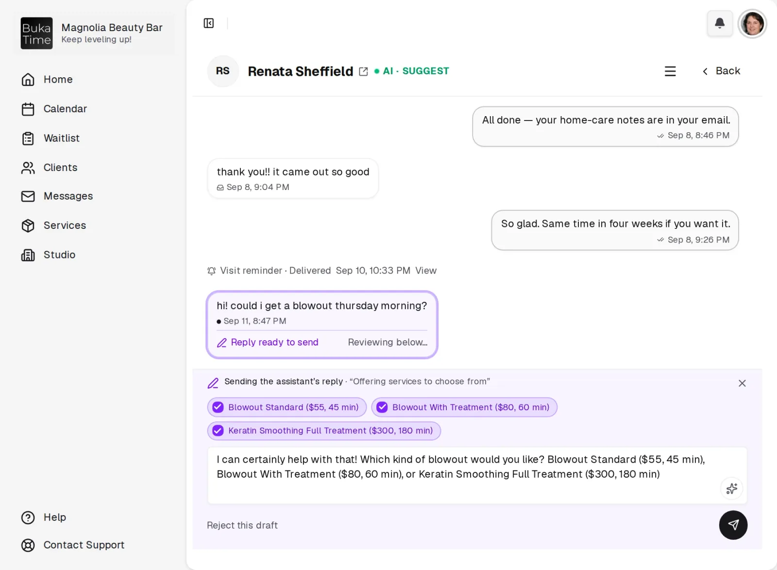 A real client text, and the reply the assistant drafted for the studio to approve.