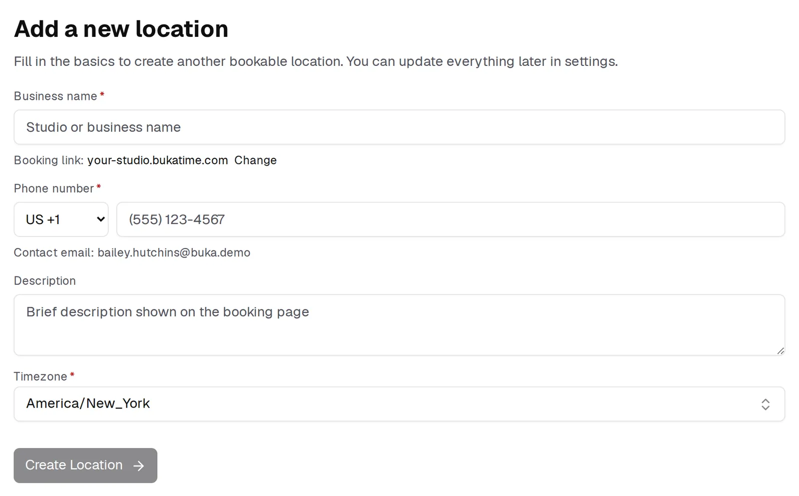 Step one of the location wizard: the business name, a phone number, and how clients find this location.