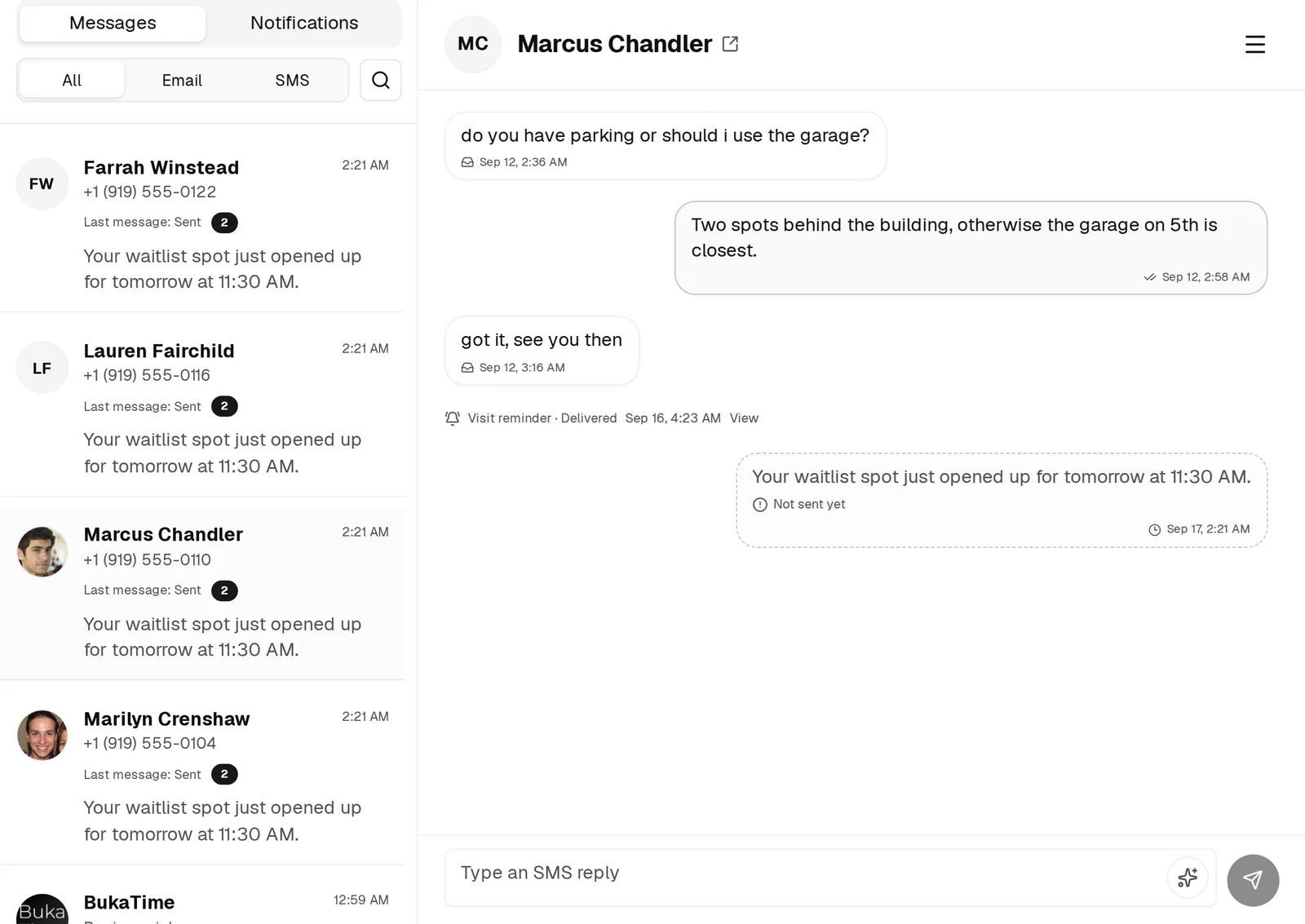 The Messages page: every conversation on the left, the selected one in full on the right.