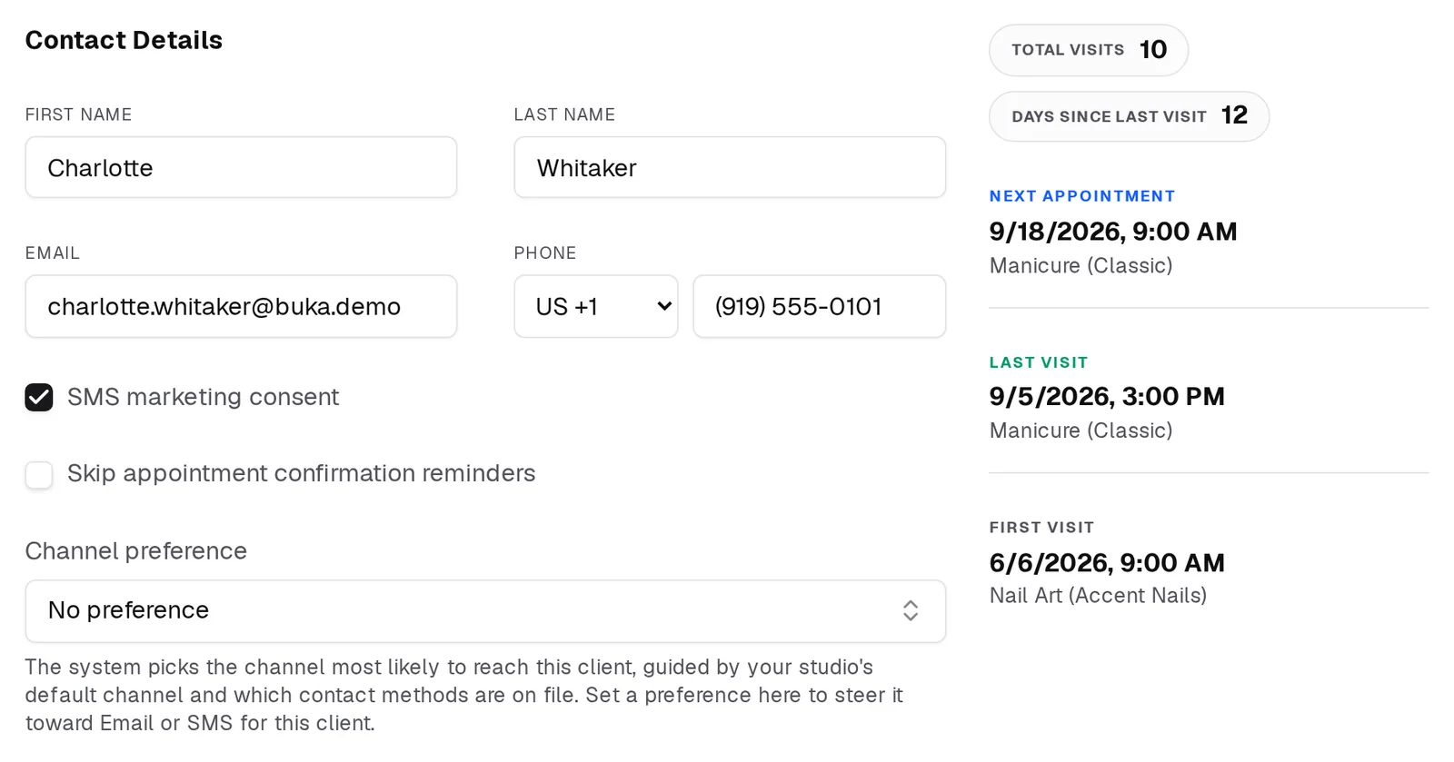 A client profile: editable contact details on the left, and their visit summary on the right.
