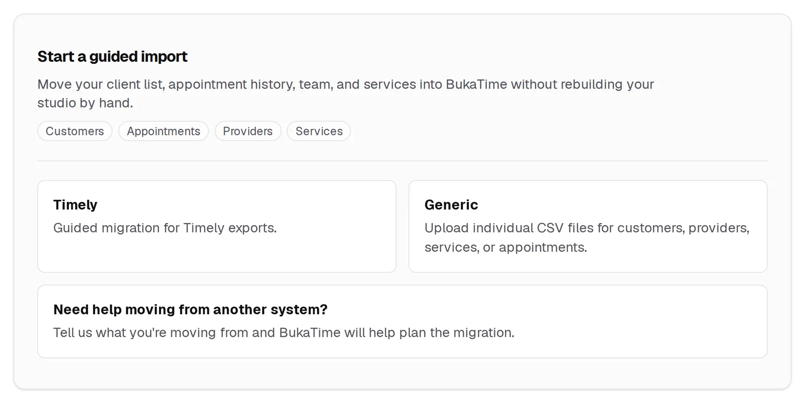 Two ways in: a guided Timely migration, or generic CSV files one kind at a time. Past imports are listed underneath.