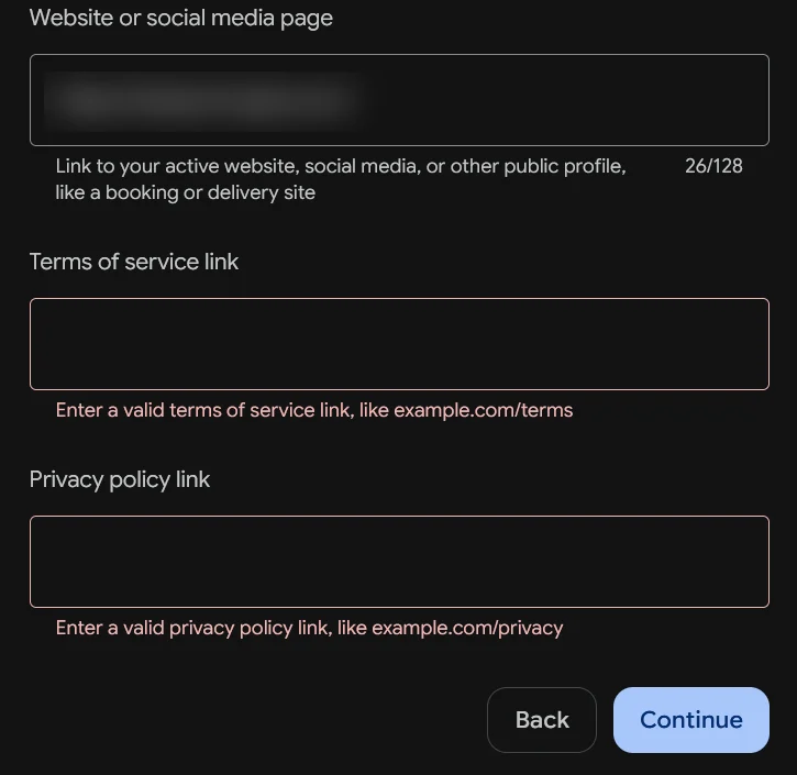 Google’s sign-up step asking for a website, a terms of service link and a privacy policy link, with both links marked as required