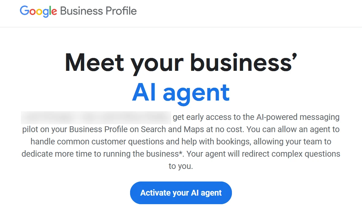 Google Business Profile email: Meet your business’ AI agent, with an Activate your AI agent button